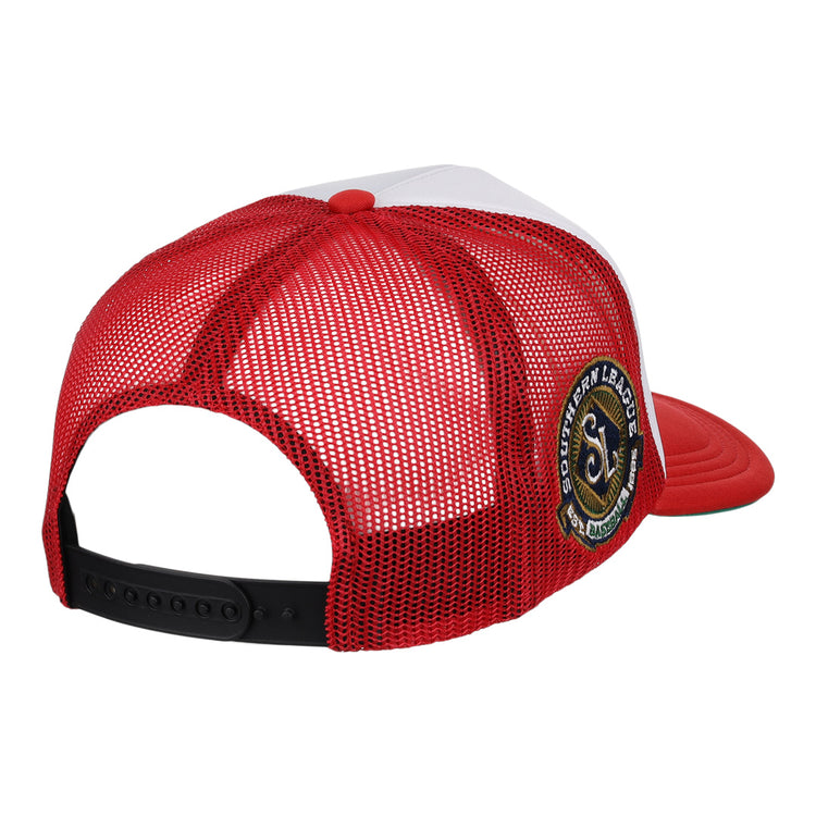 The EFF Chattanooga Lookouts EFF MiLB Vintage Foam Trucker cap features red and white mesh, an adjustable black strap, and a round Southern League patch on the side.