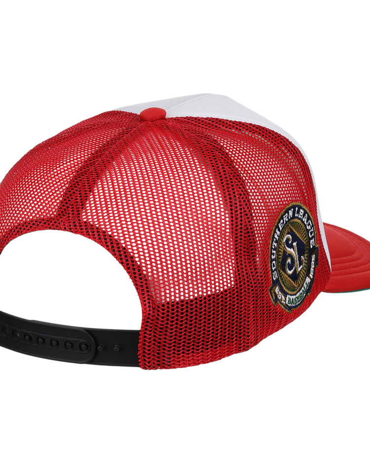 The EFF Chattanooga Lookouts EFF MiLB Vintage Foam Trucker cap features red and white mesh, an adjustable black strap, and a round Southern League patch on the side.