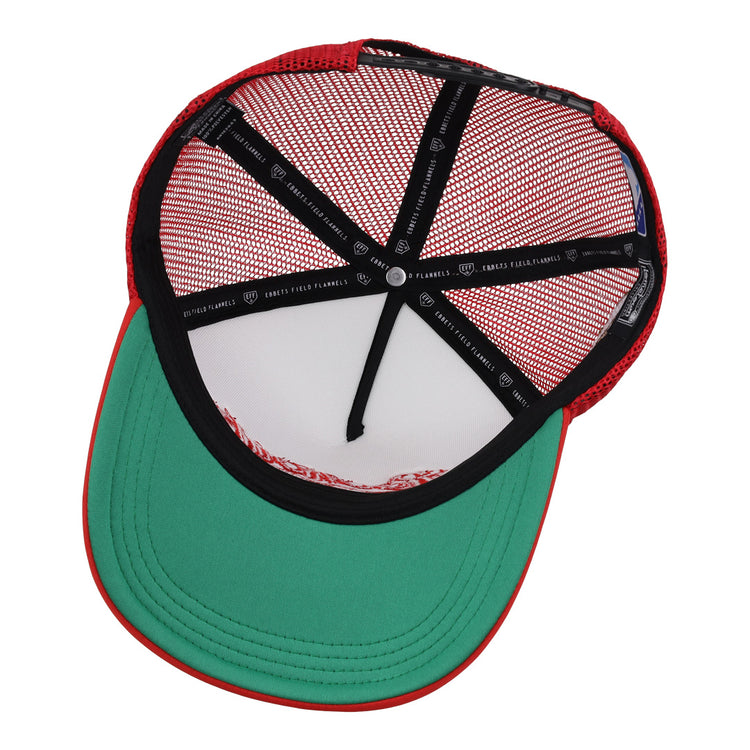 A look inside the EFF Chattanooga Lookouts EFF MiLB Vintage Foam Trucker cap reveals red mesh panels, a green underbrim, black internal bands, and a white sweatband.