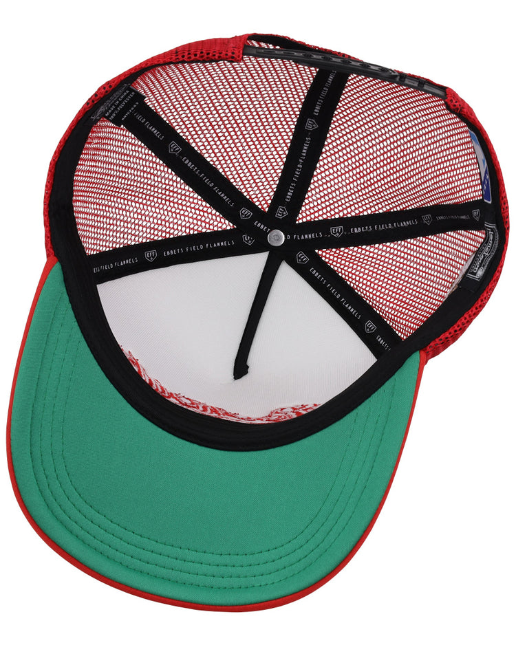 A look inside the EFF Chattanooga Lookouts EFF MiLB Vintage Foam Trucker cap reveals red mesh panels, a green underbrim, black internal bands, and a white sweatband.