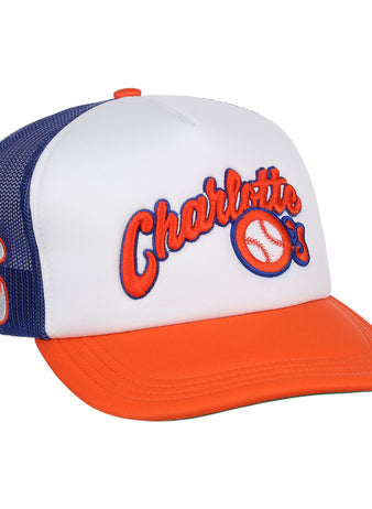 The EFF Charlotte Orioles EFF MiLB Vintage Foam Trucker features a white front, orange brim, blue mesh back, and the teams orange and blue Cal Ripken Jr. logo with a baseball graphic. A blue “C” accents the side.