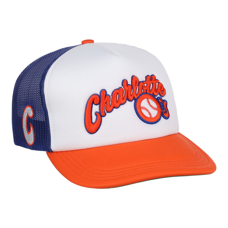 The EFF Charlotte Orioles EFF MiLB Vintage Foam Trucker features a white front, orange brim, blue mesh back, and the teams orange and blue Cal Ripken Jr. logo with a baseball graphic. A blue “C” accents the side.