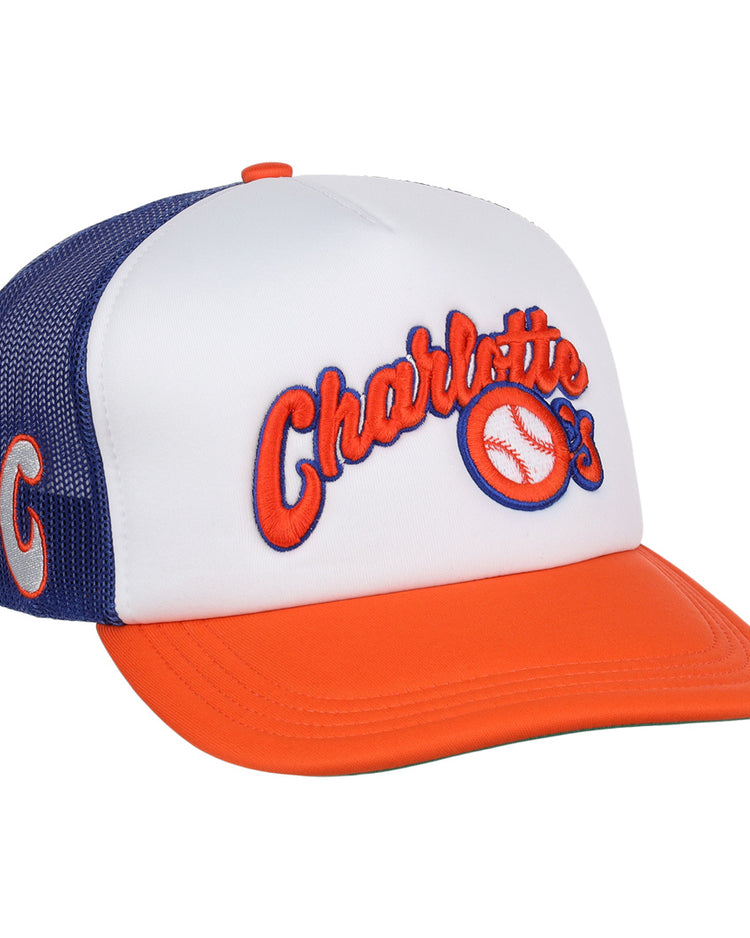 The EFF Charlotte Orioles EFF MiLB Vintage Foam Trucker features a white front, orange brim, blue mesh back, and the teams orange and blue Cal Ripken Jr. logo with a baseball graphic. A blue “C” accents the side.