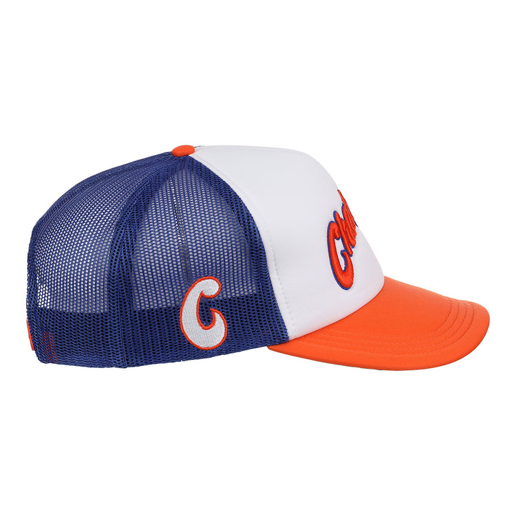 The EFF Charlotte Orioles MiLB Vintage Foam Trucker features a blue mesh back, white front, orange brim, and embroidered “C” on the side. The front displays “Charlotte O’s” in large orange letters.