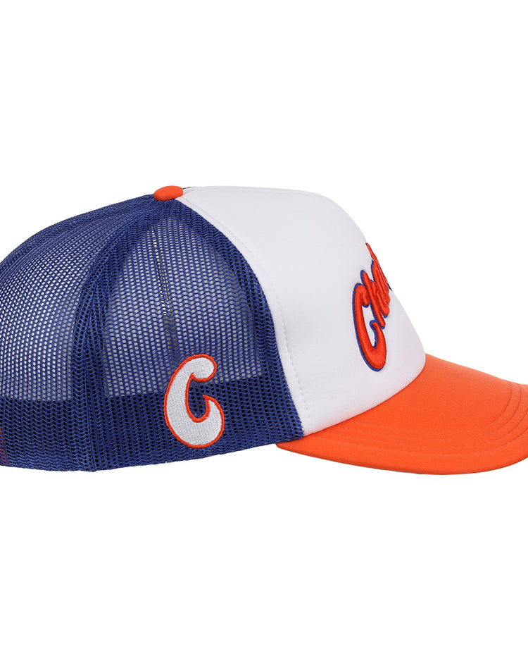 The EFF Charlotte Orioles MiLB Vintage Foam Trucker features a blue mesh back, white front, orange brim, and embroidered “C” on the side. The front displays “Charlotte O’s” in large orange letters.