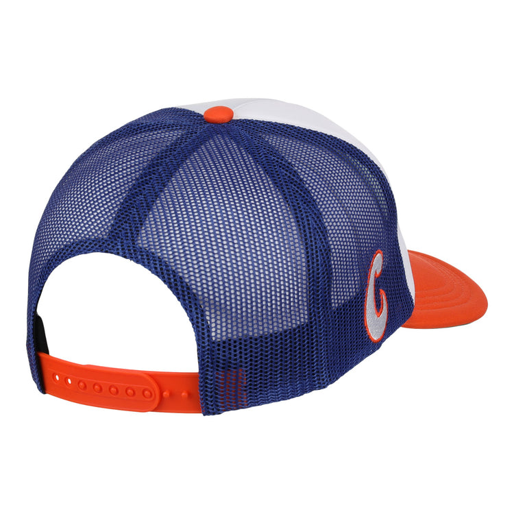 The EFF Charlotte Orioles MiLB Vintage Foam Trucker cap features a white front, blue mesh back, orange brim, and adjustable orange snap closure. Shown from the back, it pays tribute to the iconic Charlotte Os hat.