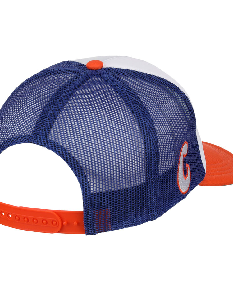 The EFF Charlotte Orioles MiLB Vintage Foam Trucker cap features a white front, blue mesh back, orange brim, and adjustable orange snap closure. Shown from the back, it pays tribute to the iconic Charlotte Os hat.