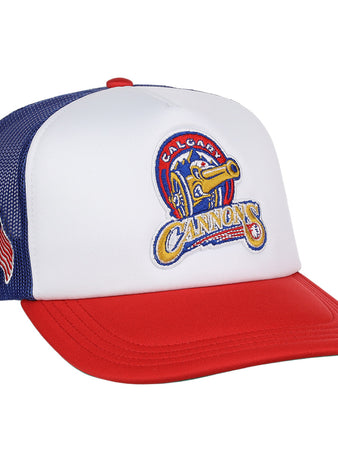 The Calgary Cannons EFF MiLB Vintage Foam Trucker by EFF is a white, red, and blue hat with a yellow cannon logo on the front and small embroidered flags on the mesh side panel.