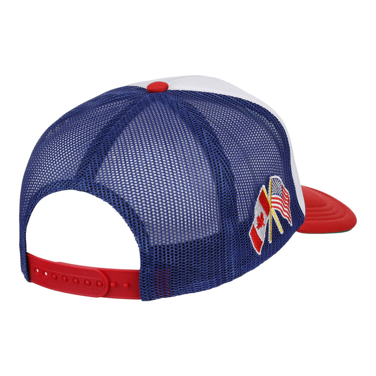 The Calgary Cannons EFF MiLB Vintage Foam Trucker by EFF features a red brim, blue mesh back, adjustable strap, and embroidered Canadian and American flags crossed on the side in tribute to the Calgary Cannons.
