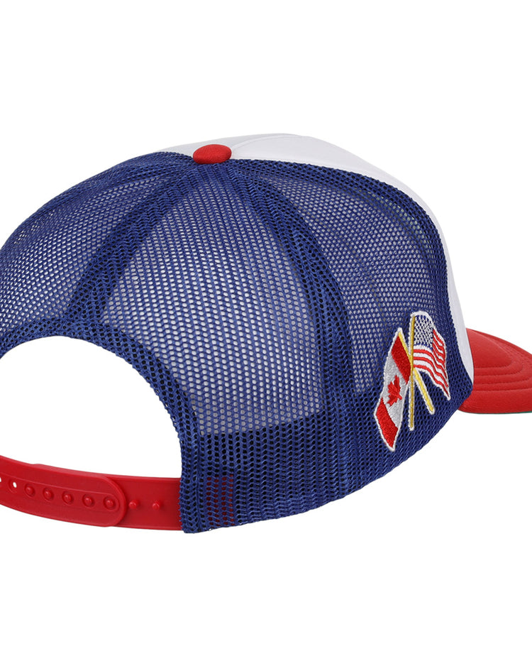 The Calgary Cannons EFF MiLB Vintage Foam Trucker by EFF features a red brim, blue mesh back, adjustable strap, and embroidered Canadian and American flags crossed on the side in tribute to the Calgary Cannons.