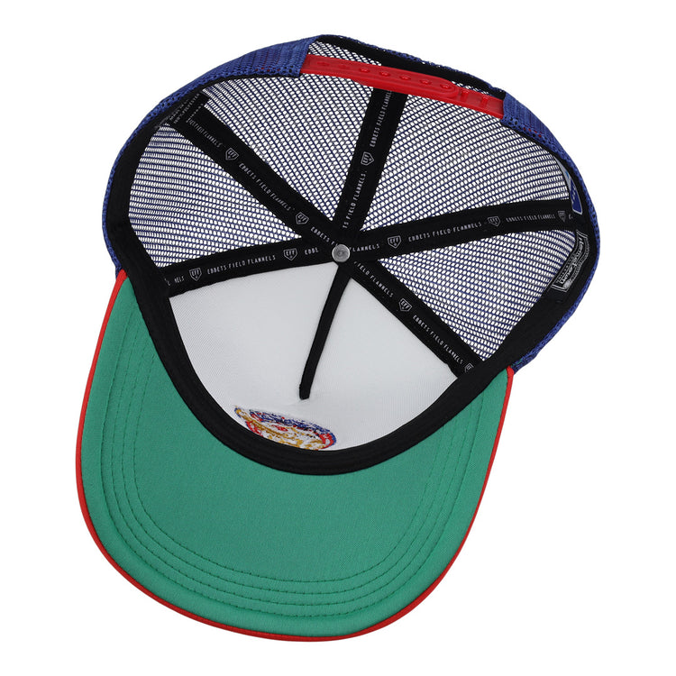 The image shows the inside of the Calgary Cannons EFF MiLB Vintage Foam Trucker by EFF, featuring a green underbill, black sweatband with red trim, blue mesh panels, a sticker, and visible inner mesh and stitched panel details.