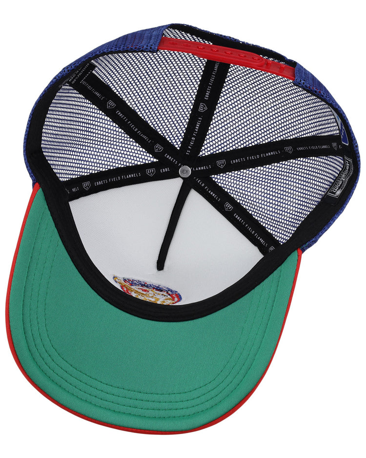 The image shows the inside of the Calgary Cannons EFF MiLB Vintage Foam Trucker by EFF, featuring a green underbill, black sweatband with red trim, blue mesh panels, a sticker, and visible inner mesh and stitched panel details.