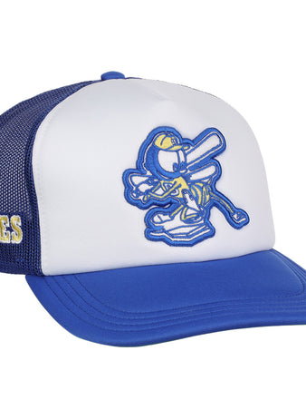 The EFF Burlington Bees MiLB Vintage Foam Trucker features a blue and white design with a cartoon bee holding a bat on the front and yellow BEES embroidery on the side, inspired by classic Midwest League style.