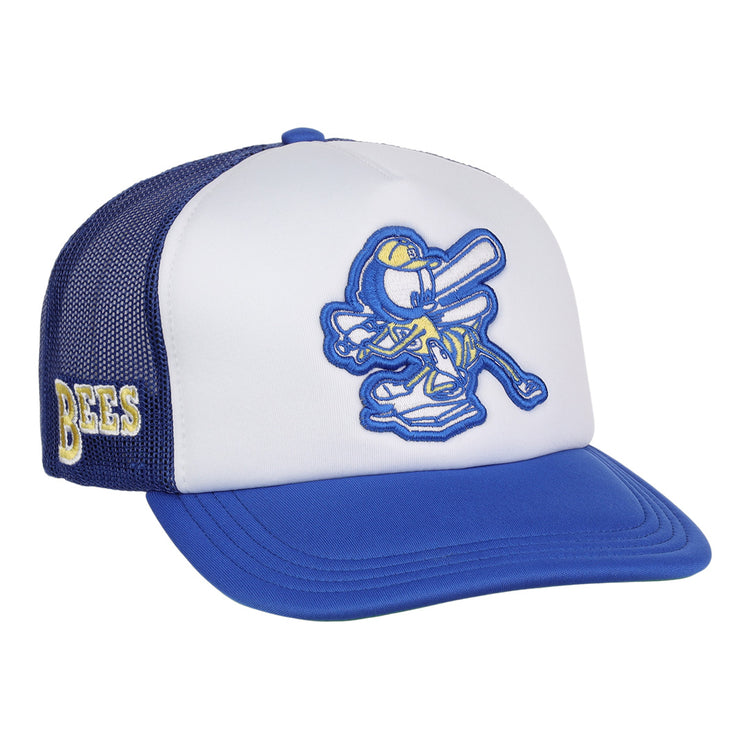 The EFF Burlington Bees MiLB Vintage Foam Trucker features a blue and white design with a cartoon bee holding a bat on the front and yellow BEES embroidery on the side, inspired by classic Midwest League style.