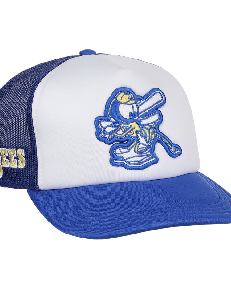The EFF Burlington Bees MiLB Vintage Foam Trucker features a blue and white design with a cartoon bee holding a bat on the front and yellow BEES embroidery on the side, inspired by classic Midwest League style.