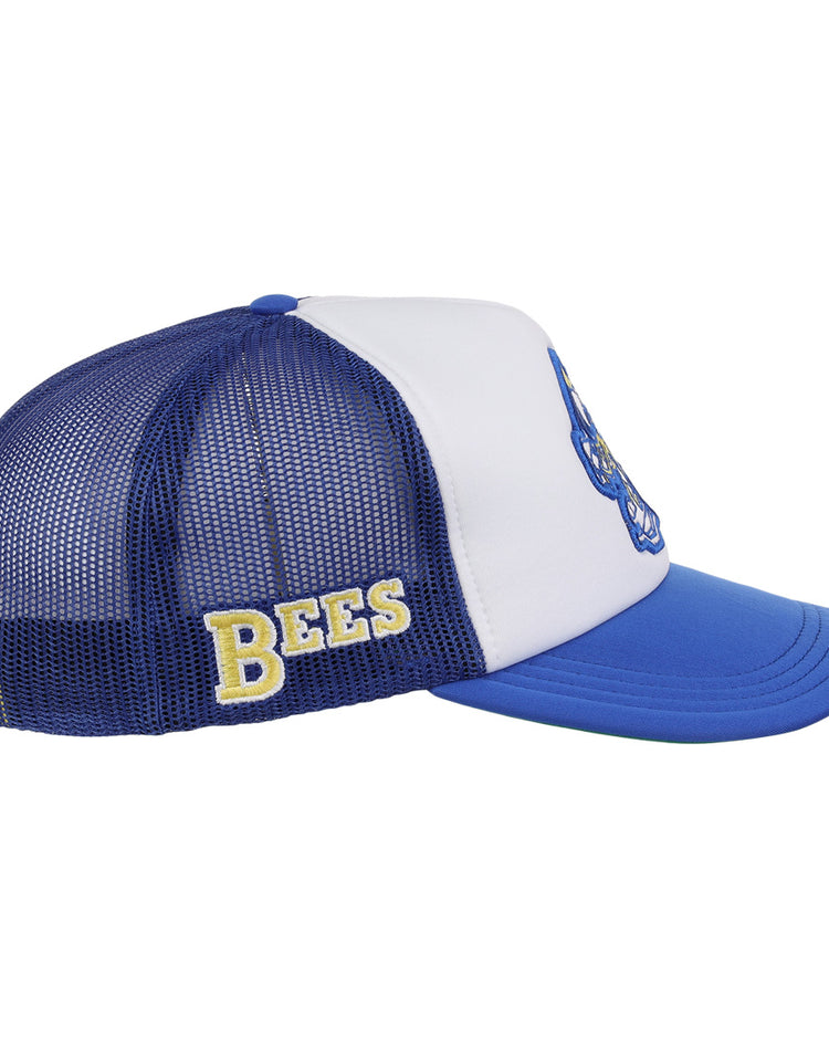 The Burlington Bees EFF MiLB Vintage Foam Trucker by EFF is a blue and white mesh hat with BEES embroidered in yellow on the side and a blue brim, inspired by classic Minor League style.