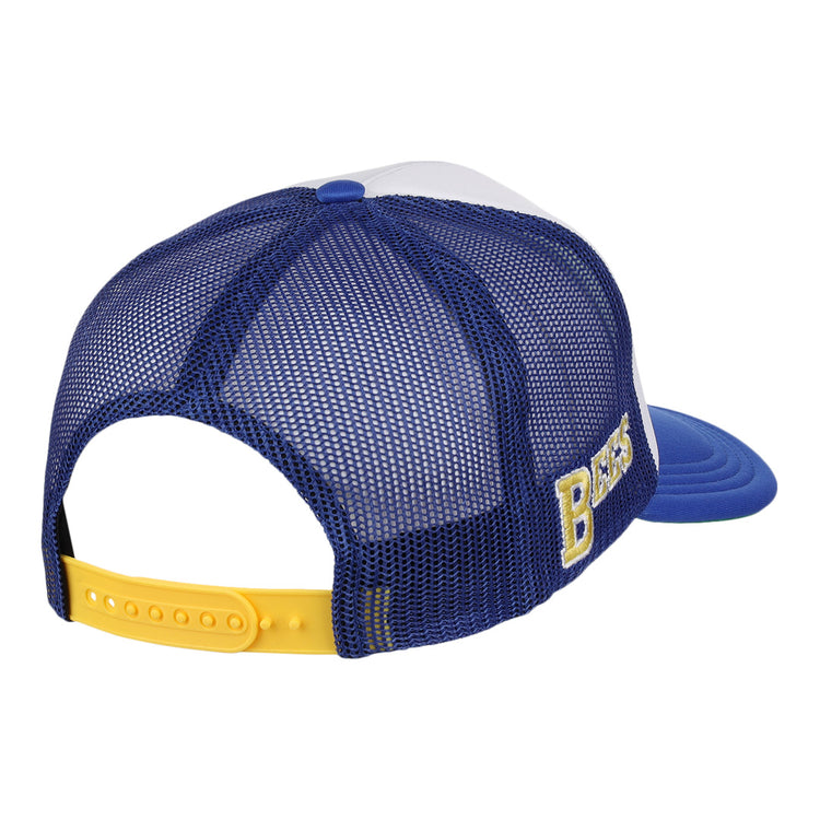 The Burlington Bees EFF MiLB Vintage Foam Trucker features a blue mesh back, yellow adjustable strap, white front panel, blue brim, and BEARS embroidered in yellow for classic Midwest League style. Brand: EFF.