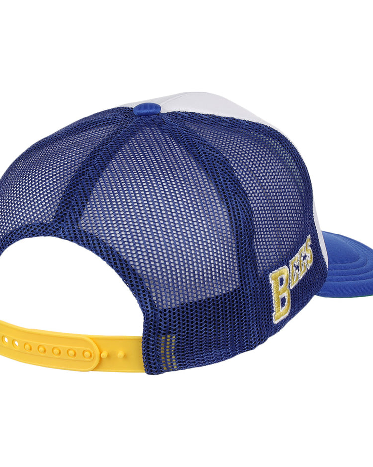 The Burlington Bees EFF MiLB Vintage Foam Trucker features a blue mesh back, yellow adjustable strap, white front panel, blue brim, and BEARS embroidered in yellow for classic Midwest League style. Brand: EFF.
