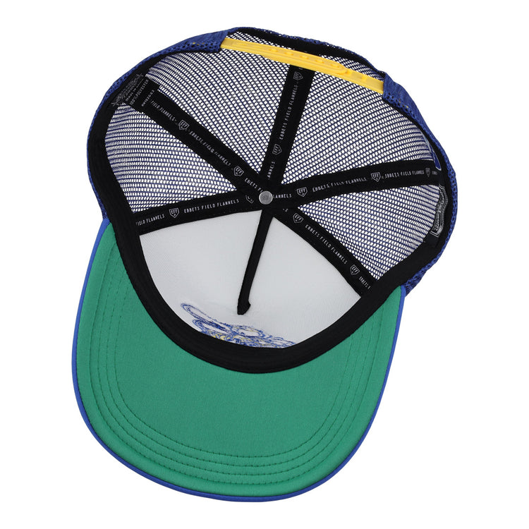 The inside view of the Burlington Bees EFF MiLB Vintage Foam Trucker by EFF shows a green brim, white front panel, blue mesh sides, black inner seams, and a yellow accent—ideal for Vintage Minor League or Midwest League fans.