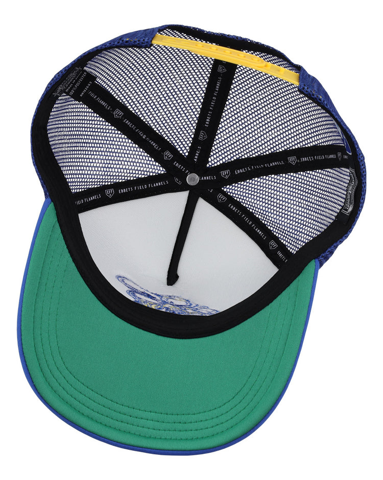 The inside view of the Burlington Bees EFF MiLB Vintage Foam Trucker by EFF shows a green brim, white front panel, blue mesh sides, black inner seams, and a yellow accent—ideal for Vintage Minor League or Midwest League fans.