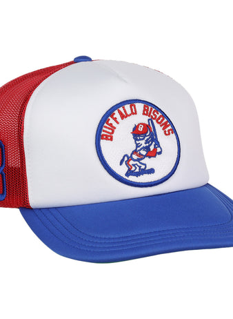 The Buffalo Bisons EFF MiLB Vintage Foam Trucker by EFF features a red, white, and blue mesh snapback, bold B side detail, and a front circular logo with a running buffalo holding a bat.