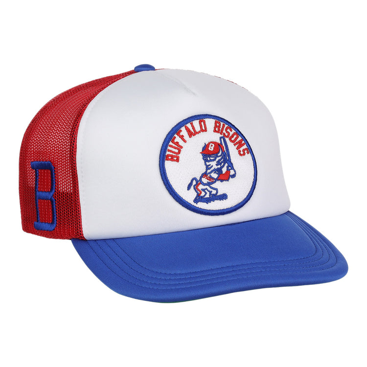 The Buffalo Bisons EFF MiLB Vintage Foam Trucker by EFF features a red, white, and blue mesh snapback, bold B side detail, and a front circular logo with a running buffalo holding a bat.