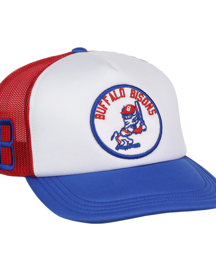 The Buffalo Bisons EFF MiLB Vintage Foam Trucker by EFF features a red, white, and blue mesh snapback, bold B side detail, and a front circular logo with a running buffalo holding a bat.