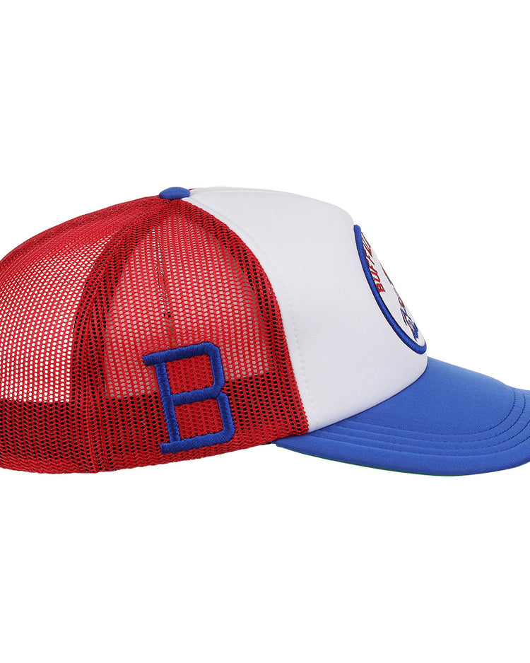 The EFF Buffalo Bisons MiLB Vintage Foam Trucker hat features a blue brim, white foam front, red mesh back, a blue B on the side, and a partially visible round patch on the front.