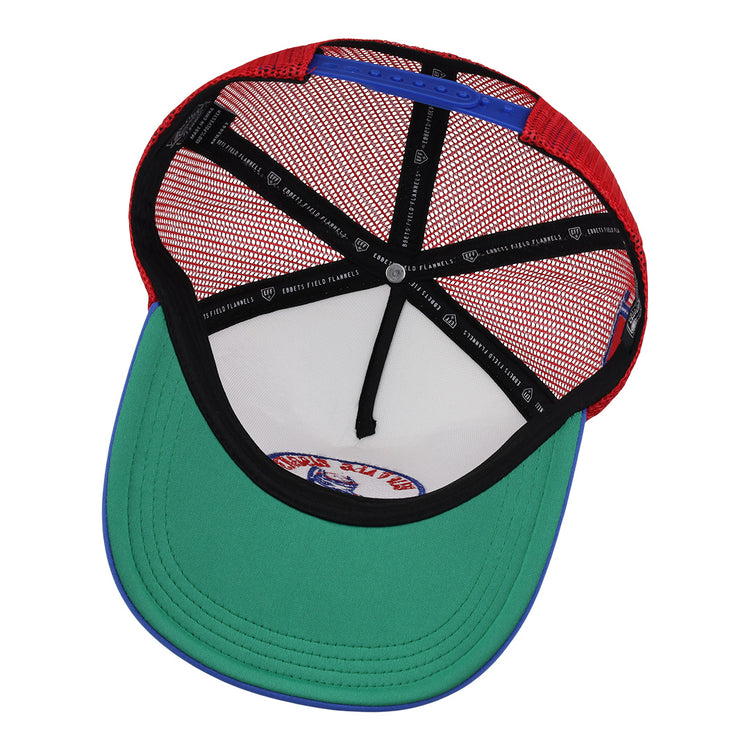 The inside view of the EFF Buffalo Bisons EFF MiLB Vintage Foam Trucker cap shows a green brim, red mesh sides, black stitched bands, blue edge, and a Buffalo Bisons logo on the inner crown.