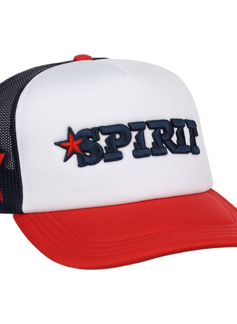 The EFF San Bernardino Spirit EFF MiLB Vintage Foam Trucker hat features a white front, red bill, navy mesh back, “SPIRIT” embroidered in navy with a red star, and an S with a red star—celebrating the San Bernardino Spirit.