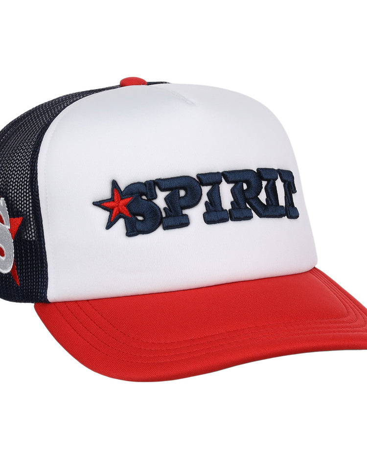 The EFF San Bernardino Spirit EFF MiLB Vintage Foam Trucker hat features a white front, red bill, navy mesh back, “SPIRIT” embroidered in navy with a red star, and an S with a red star—celebrating the San Bernardino Spirit.