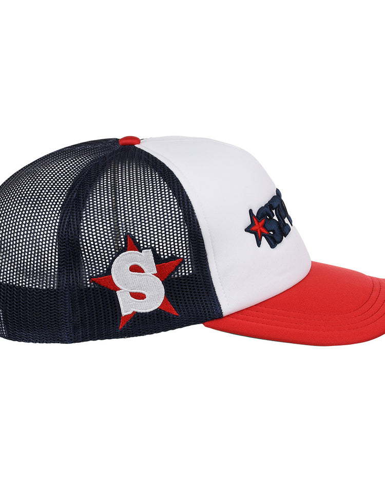 The EFF San Bernardino Spirit MiLB Vintage Foam Trucker is a snapback hat with a white front, red bill, black mesh back, red star with a white S on the side, and raised black letters and red star on the front.