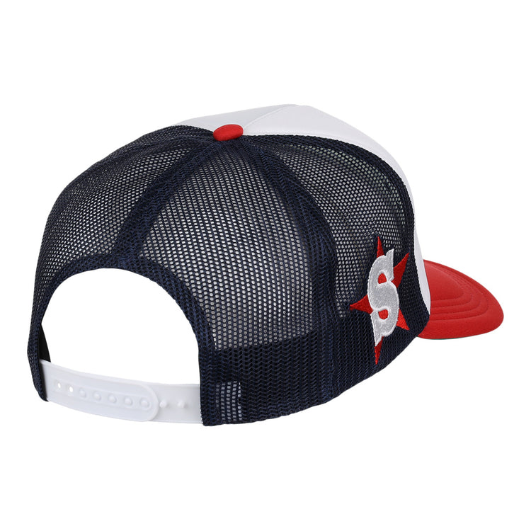 Show your team spirit with the EFF San Bernardino Spirit EFF MiLB Vintage Foam Trucker, a mesh-back hat featuring a navy back, white front, red brim, and white S on a red star—classic Minor League style with an adjustable snapback.