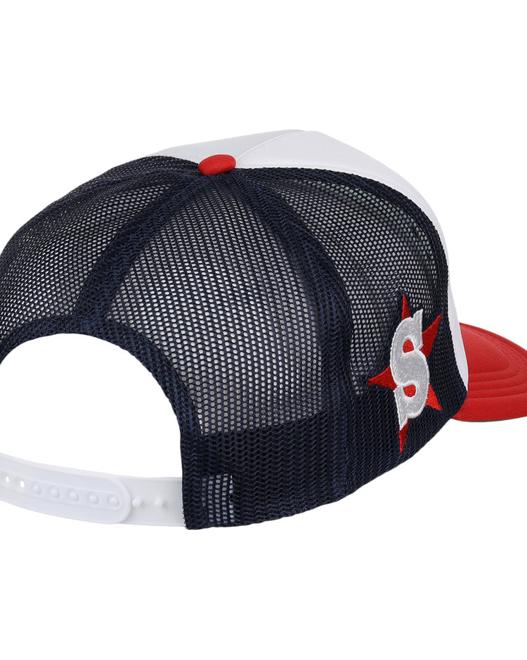 Show your team spirit with the EFF San Bernardino Spirit EFF MiLB Vintage Foam Trucker, a mesh-back hat featuring a navy back, white front, red brim, and white S on a red star—classic Minor League style with an adjustable snapback.