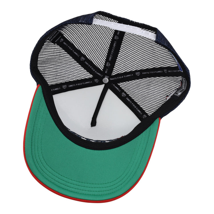 The inside of the San Bernardino Spirit EFF MiLB Vintage Foam Trucker by EFF features a green brim, red edge, black mesh back, and a black headband with white text and logos.