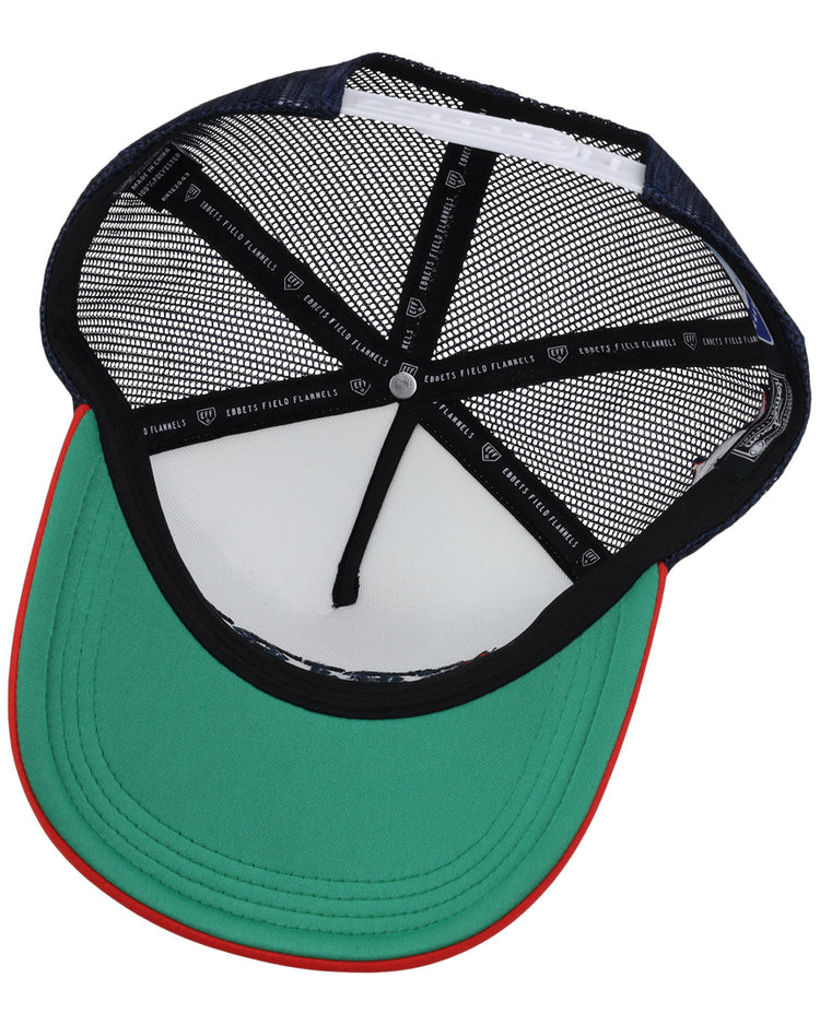 The inside of the San Bernardino Spirit EFF MiLB Vintage Foam Trucker by EFF features a green brim, red edge, black mesh back, and a black headband with white text and logos.