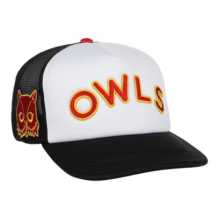 The EFF Topeka Owls EFF MiLB Vintage Foam Trucker hat has a white foam crown, black mesh sides and bill, bold yellow and red OWLS embroidery, and a yellow and red owl face patch on the side.