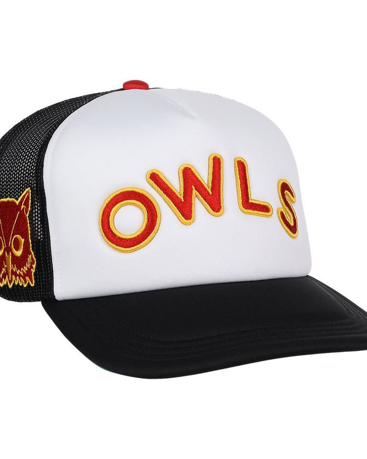 The EFF Topeka Owls EFF MiLB Vintage Foam Trucker hat has a white foam crown, black mesh sides and bill, bold yellow and red OWLS embroidery, and a yellow and red owl face patch on the side.