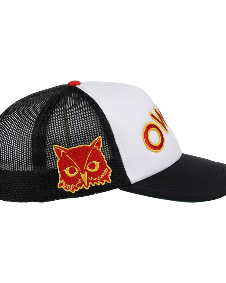 The EFF Topeka Owls MiLB Vintage Foam Trucker is a mesh snapback hat with a white front, black bill, gold and red owl patch on the side, and bold OWL lettering—capturing classic Minor League style.