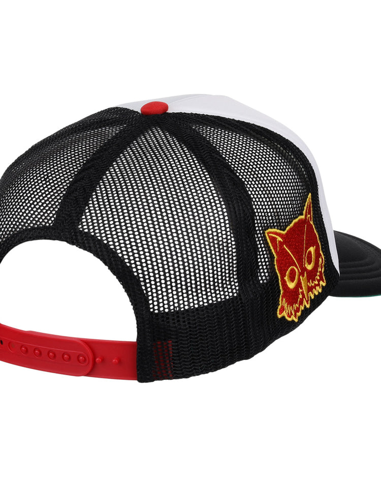 The EFF Topeka Owls MiLB Vintage Foam Trucker is a mesh snapback hat with a red adjustable strap, black mesh panels, white front, and a yellow-red embroidered Owls logo—a classic vintage Minor League look.