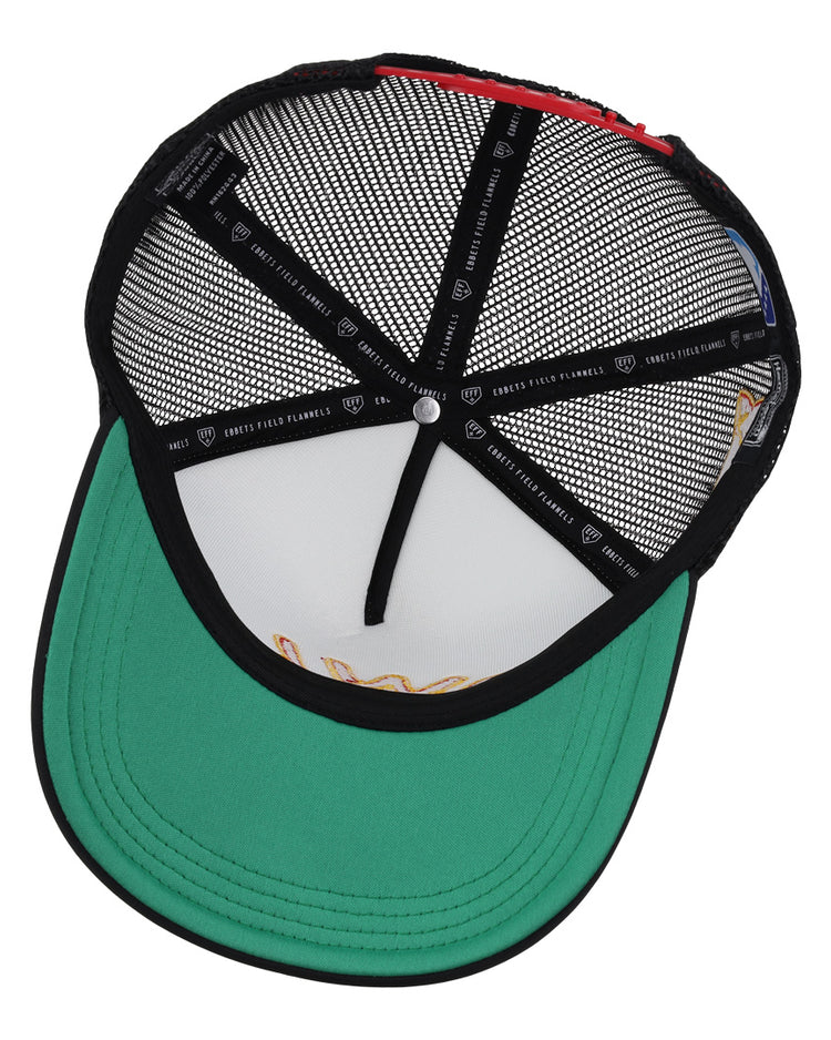 A top-down view of the EFF Topeka Owls EFF MiLB Vintage Foam Trucker shows its black foam crown mesh snapback, green brim, black sweatband, exposed stitching, inner labels, and a white center button.