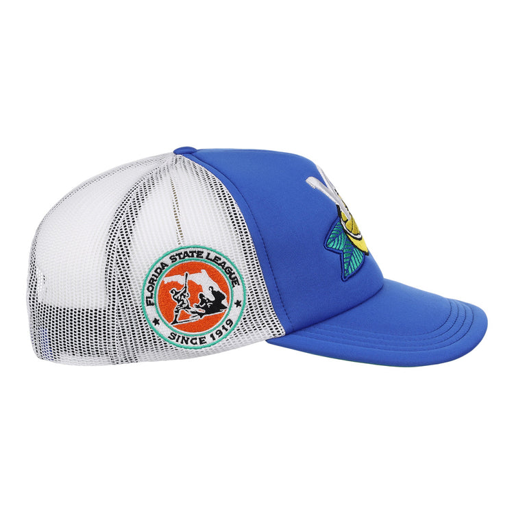 The EFF Vero Beach Dodgers EFF MiLB Vintage Foam Trucker is a blue and white mesh cap with a yellow fish patch front and Florida State League side patch, inspired by classic Vero Beach Dodgers style.