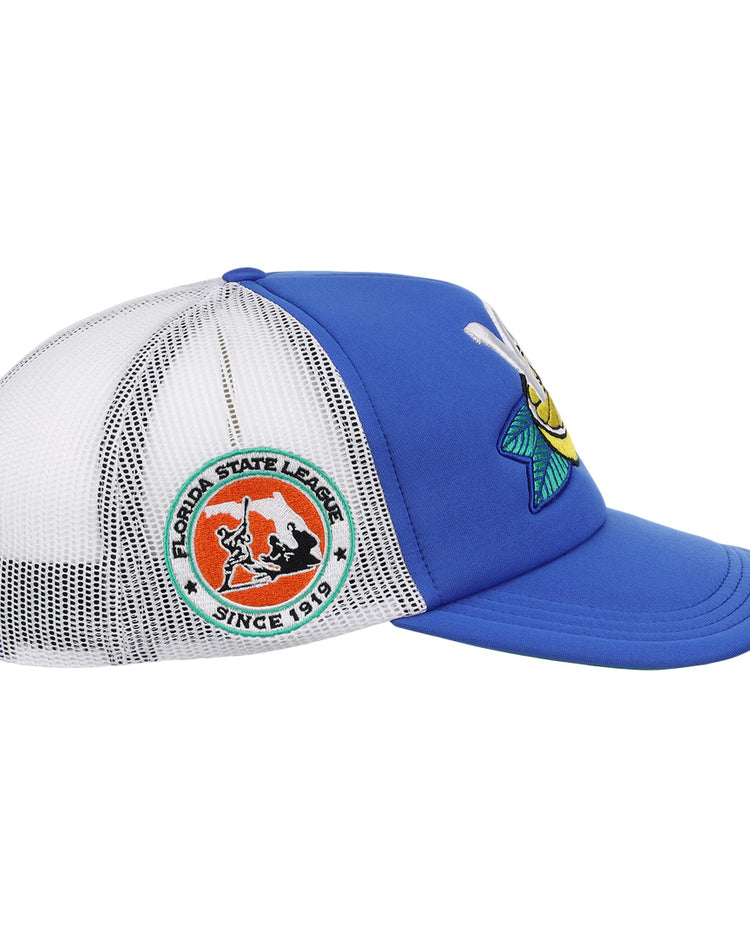 The EFF Vero Beach Dodgers EFF MiLB Vintage Foam Trucker is a blue and white mesh cap with a yellow fish patch front and Florida State League side patch, inspired by classic Vero Beach Dodgers style.