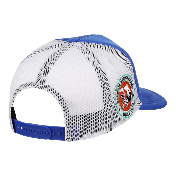 The EFF Vero Beach Dodgers MiLB Vintage Foam Trucker features blue and white mesh, an adjustable snapback, and a colorful round mountain-and-animal patch on the side.