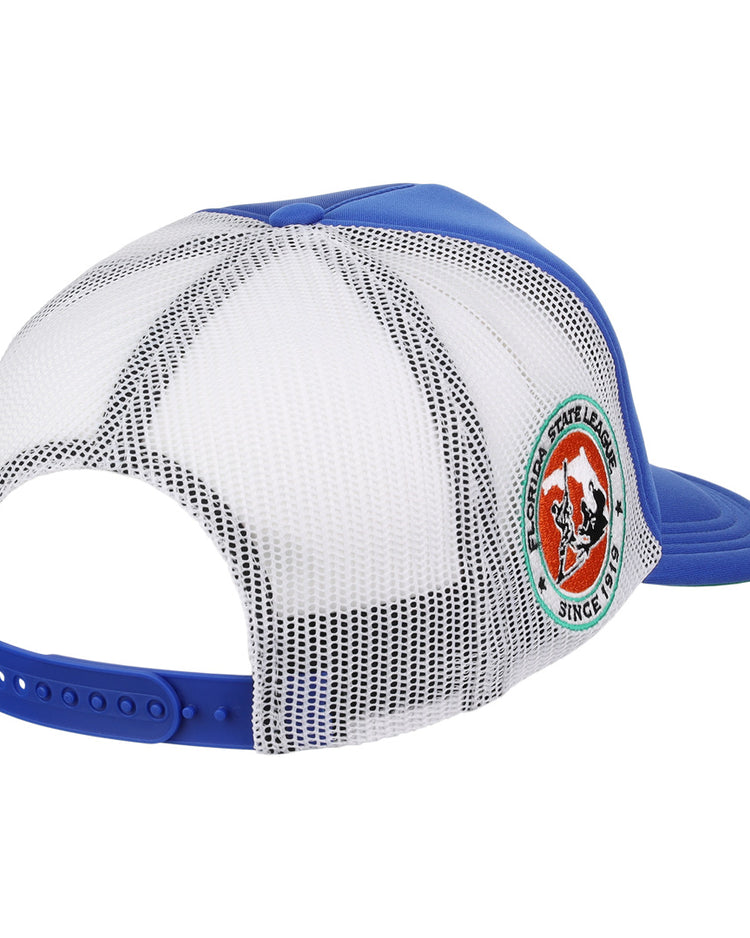 The EFF Vero Beach Dodgers MiLB Vintage Foam Trucker features blue and white mesh, an adjustable snapback, and a colorful round mountain-and-animal patch on the side.