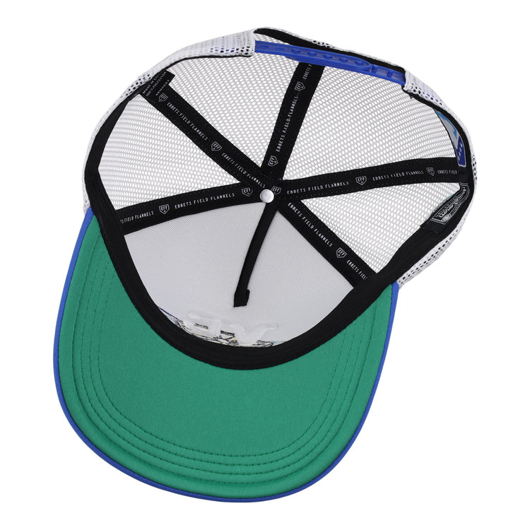 The Vero Beach Dodgers EFF MiLB Vintage Foam Trucker by EFF features a white front, blue-edged green brim, black mesh panels, and interior bands with white text, reflecting its Vintage Minor League heritage.