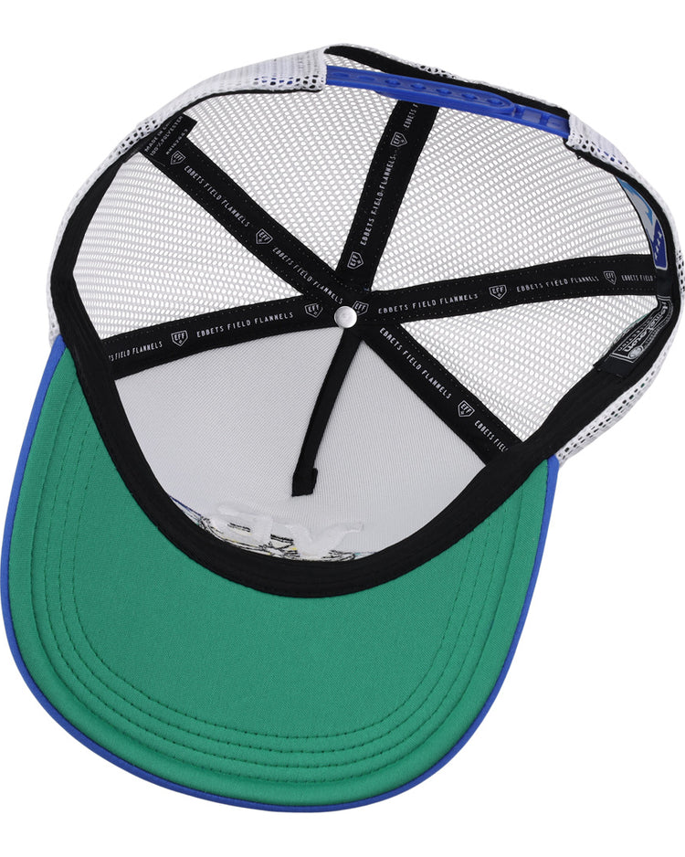The Vero Beach Dodgers EFF MiLB Vintage Foam Trucker by EFF features a white front, blue-edged green brim, black mesh panels, and interior bands with white text, reflecting its Vintage Minor League heritage.