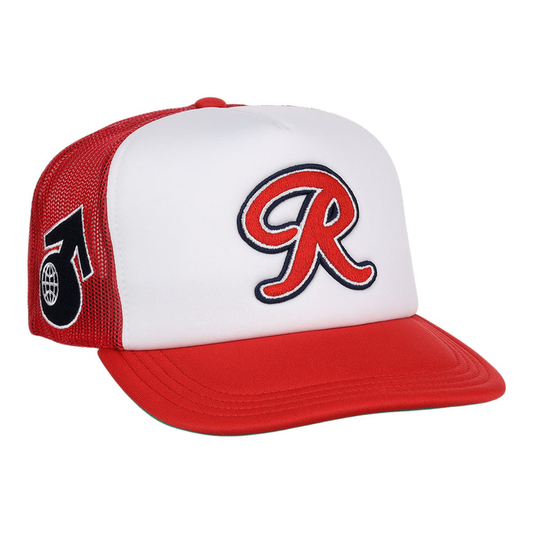 The EFF Seattle Rainiers MiLB Vintage Foam Trucker is a red and white hat with a bold R on the front and a black circle-and-arrow logo on the mesh side, inspired by classic Minor League style.