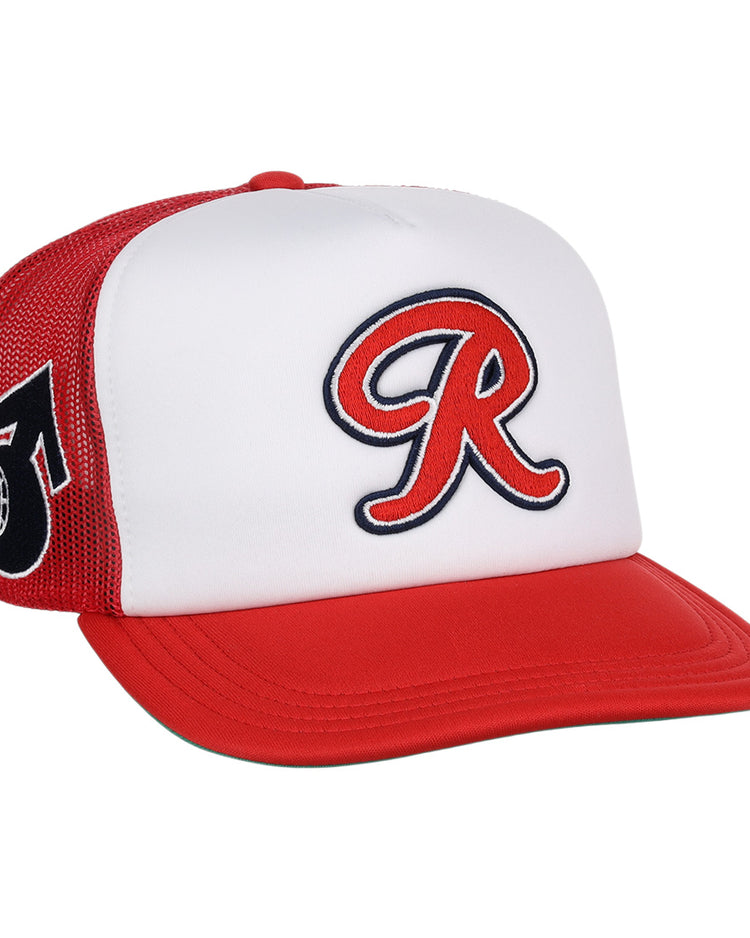 The EFF Seattle Rainiers MiLB Vintage Foam Trucker is a red and white hat with a bold R on the front and a black circle-and-arrow logo on the mesh side, inspired by classic Minor League style.