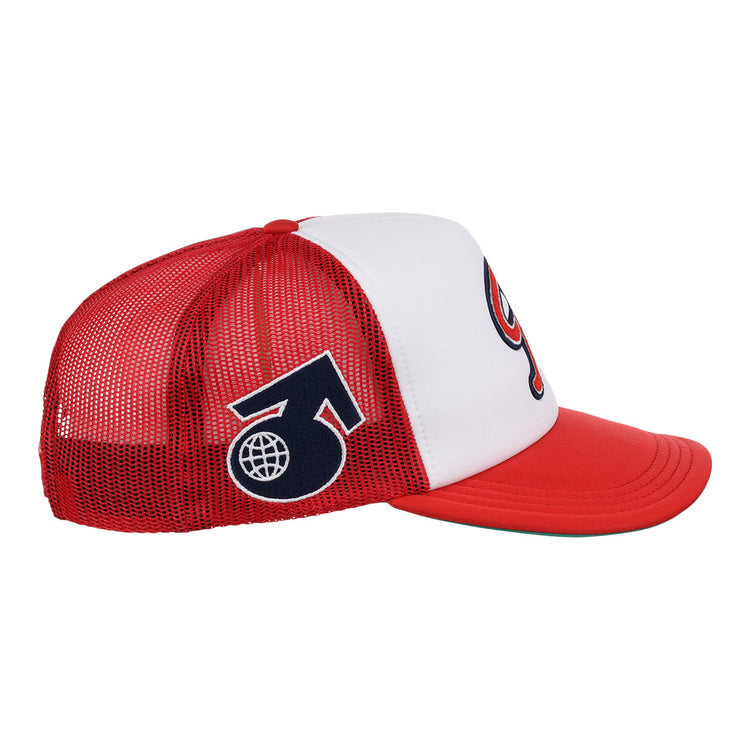 The Seattle Rainiers EFF MiLB Vintage Foam Trucker by EFF features a white front, red mesh sides and back for breathability, a curved bill, and a vintage bold male gender sign over a globe on the side. Inspired by classic minor league style.